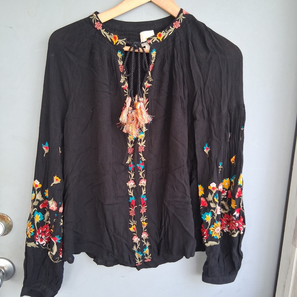Maeve Anthropologie‎ Black Floral Embroidered Tassel Peasant Blouse Womens XS